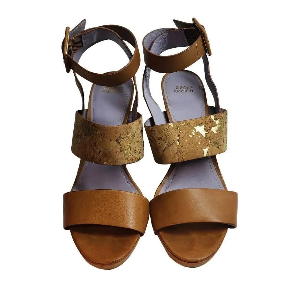 Tan Cork Wedge Sandals with Ankle Buckle